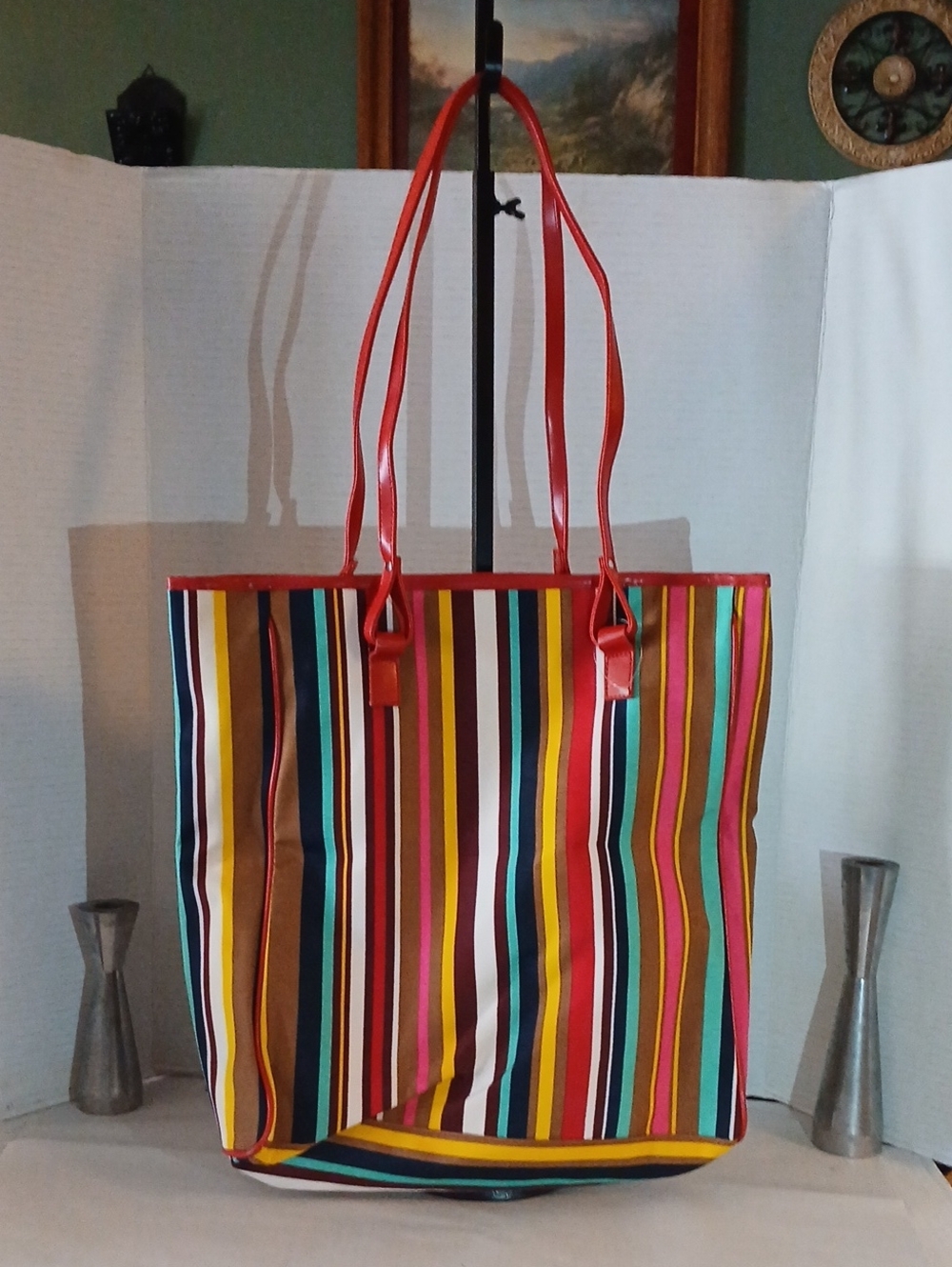 Lancome Striped Multi-Color Tote Bag with Red Handles